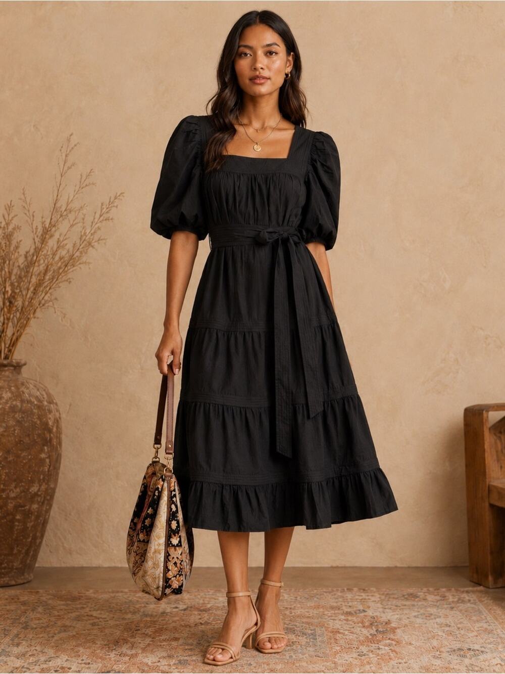 Anthropologie Love The Label Black Puff Sleeve Tiered Midi Dress XS NWT